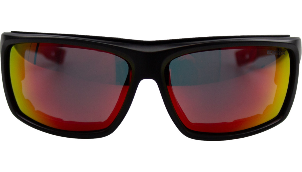 Matte black wraparound sunglasses with wide gray-red Revo mirrored lenses and thick frame.