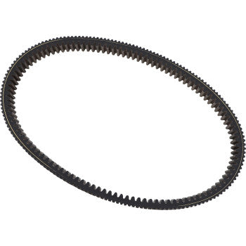 The Can Am Dura Series Drive Belt by Dynojet is a black, oval rubber belt with evenly spaced inner teeth, ideal for machinery and automotive engines; made in the USA and comes with a lifetime warranty.