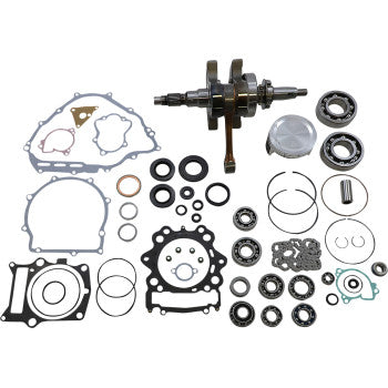 Complete Yamaha engine rebuild kit with metal crankshaft, piston, seals, gaskets, bearings, and small engine components.