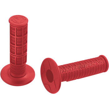 Two Flange Style Stealth MX Grips in red by Moose Offroad, with high-traction chevrons and "MOOSE RACING" embossed, are shown—one upright and one horizontal.