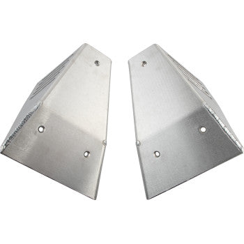 Two aircraft aluminum Fat Series A-Arm Guards by DG Performance, featuring angled sides and multiple drilled holes, are positioned upright facing each other against a white background. Perfect as A-arm or steering component protection.