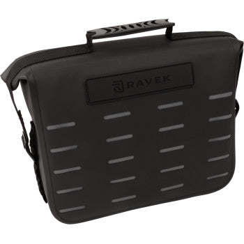 The MOLLE Zipperless Bag Waterproof Black by Ravek is a black, rectangular storage bag featuring a textured handle, horizontal front slits, and the RAVEK logo on a raised patch.