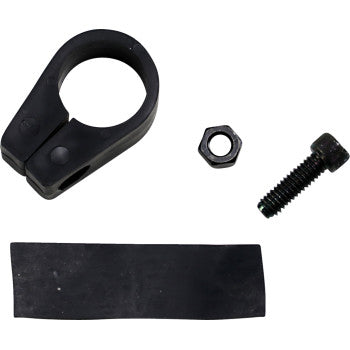 The Jagg Oil Coolers Frame Clamp - Black - 1, hex nut, black bolt, and rubber strip—perfect for attaching oil coolers to 1 tubular frames—are displayed on a white background.