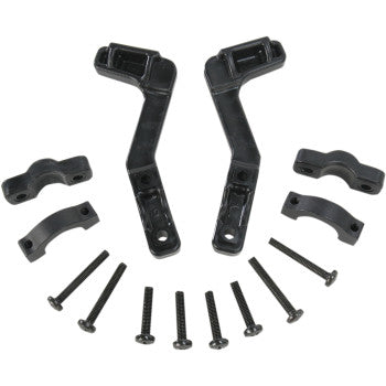 A set of black Replacement Hand Guard Brackets by Renthal, including four curved clamp pieces and eight screws on a white background—designed for durable assembly or mounting.