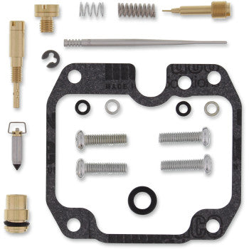 The Can Am Carburetor Repair Kit by Moose Offroad includes OEM jet sizes, gaskets, screws, springs, NBR O-rings, needles, and small brass parts, all arranged neatly on a white background.