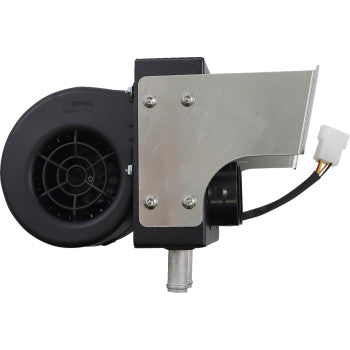 The CF Moto UTV Cab Heater by Moose Offroad is a black and silver electric blower fan with a circular vent, metal mounting plate, attached wiring, and white plastic connector—ideal for 12V cab heaters or universal cab heater kits.