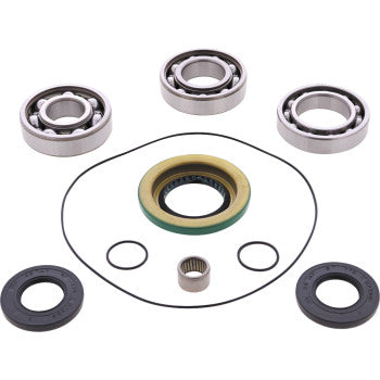 The Can Am Differential Bearing Seal Kit Front by Moose Offroad is displayed on a white background, featuring neatly arranged ball bearings, rubber seals, O-rings, and a gasket—ideal mechanical parts for differential maintenance.