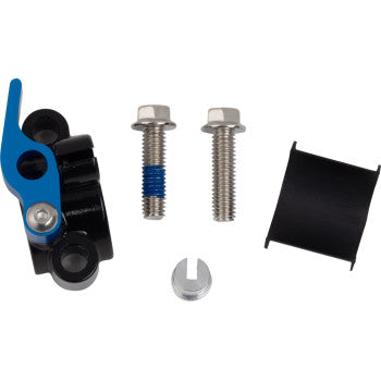 The Perch Clamp Clutch Hot Start by Arc, featuring a blue lever, two silver bolts with blue threadlock, a black plastic shim, and a slotted silver washer, is displayed on a white background—perfect for your clutch perch.