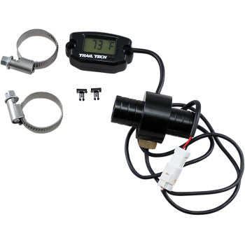 Compact black digital temperature meter with rectangular screen displaying 73°F and attached wiring with mounting brackets.