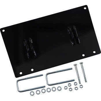 Black rectangular steel Can Am UTV plow mount plate with mounting brackets, two U-bolts, bolts, washers, and nuts.