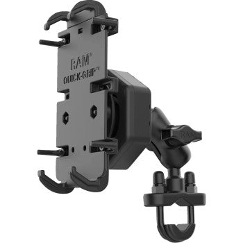 Black RAM Mounts Quick Grip phone mount with U-bolt base and adjustable swivel arm.