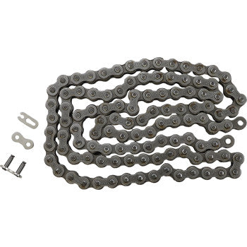 The 520 HDS Ultimate Competition Chain Steel 112 Links by JT Chains is laid out flat with its master link and two connector pins beside it on a white background.