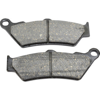 Two Organic Brake Pads by Drag Specialties, rectangular and textured with rounded edges and a hole at one end, are shown side by side on a white background.
