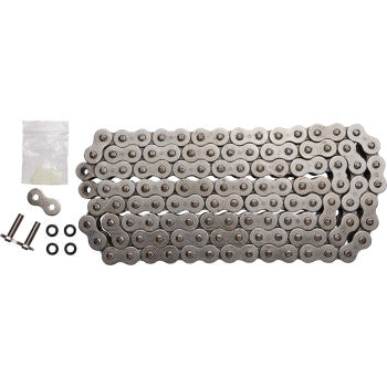 The 530 X1R Heavy Duty Drive Chain 118 Links by JT Chains is displayed coiled next to two bolts, four black O-rings, a connecting link, and a small plastic bag, all neatly arranged on a white background.