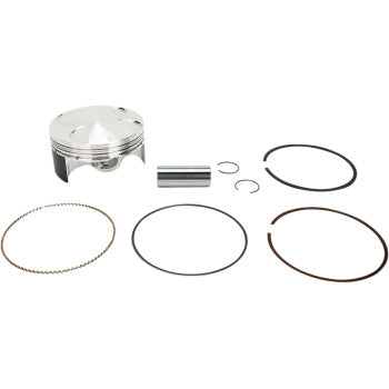 The Honda Piston Kit 94.00 mm by Wiseco features a forged 4-stroke piston, piston pin, two circlips, and three varied-thickness rings, all designed for optimal strength-to-weight ratio and displayed on a white background.