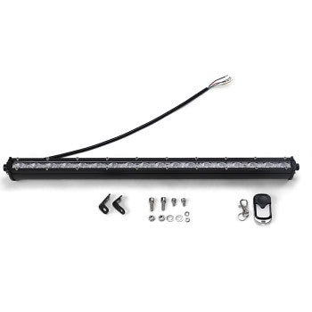 The LED Chase Light Turn Signal Brake Light by Aac features a black casing, loose wiring, multiple mounting accessories (brackets, screws, nuts), and an RF remote control—neatly arranged on a white background.