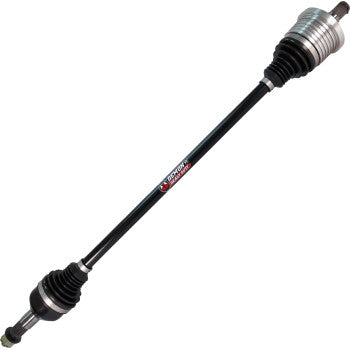 The Honda Axle Lift Kit Heavy Duty Rear Left & Right by Demon features a chromoly steel shaft with CNC-machined metal ends, black rubber boots on both sides, and a center label, shown against a white background.