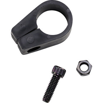The Jagg Oil Coolers Frame Clamp - Black - 1-1/8 features a black plastic clamp with circular opening, metal screw, and hex nut—perfect for mounting oil coolers to tubular frames. Shown on a white background.