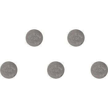 Five small round metal valve shims measuring 9.48 x 1.25 mm, silver-gray finish.