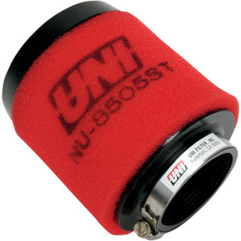 A Polaris Air Filter by Uni Filter, red foam with black rubber ends and metal clamp, UNI NU-9505ST, designed for engines or vehicles.