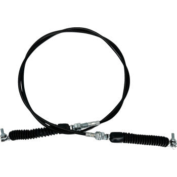Black flexible shifter cable with metal connectors and protective rubber boots on both ends for Can Am UTV.