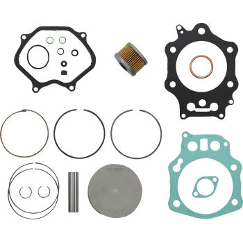 The Honda Top End Kit 90.25 mm by Wsm includes gaskets, O-rings, a metal filter, piston rings, and seals for 4-stroke models—all displayed on a white background.