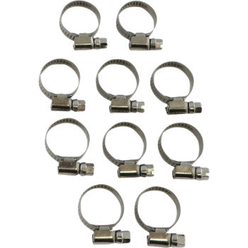 Ten Parts Unlimited Embossed Hose Clamps (12-22 mm) with slim bands and screw tighteners are arranged in a grid on a white background.