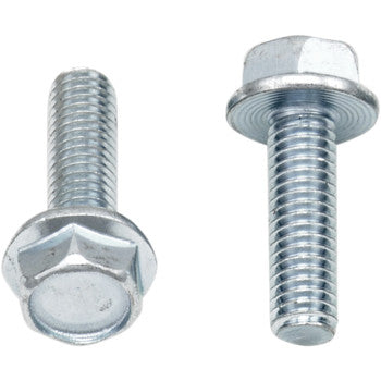 Two Bolts Flange M6 x 20 from the 10 Pack by Bolt are shown—one on its side displaying the hex head, the other upright showing the threaded shaft and flange—ideal for replacement hardware or factory style bolt packs.