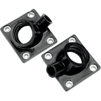 The Yamaha Intake Manifolds Stock by Moose Offroad are black metal brackets with circular openings and angled spouts. Each has four corner screw holes for secure carburetor mounting, enhancing airflow to boost horsepower.
