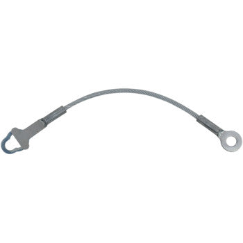 The Polaris Ranger Tailgate Cable by Quad Logic is a short, heavy-duty steel safety cable with a loop on one end and a flat tab with a keyhole opening on the other, used for securing equipment; made in the USA.