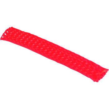 A red, textured, cylindrical item—Braided Flex Sleeving Red by Namz—is shown against a white background, resembling a chewy candy stick or licorice twist and similar in shape to 3/8" ID sleeving made in USA.