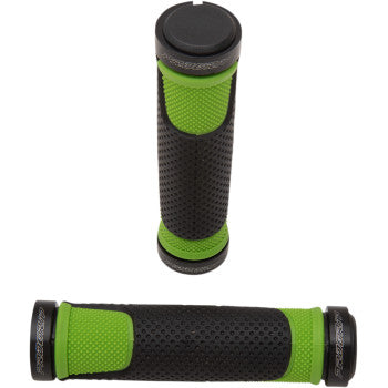 The Grips Locking 997 Fluorescent Green / Black by Pro Grip are shown from the side and top, featuring ergonomic rubber with a diamond conical pattern for superior grip and metal lock rings at each end.