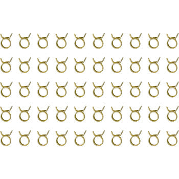 A grid of Helix Hose Clamps Self Tensioning Double Wire 5/16", 50 pack, arranged in rows on a white background, each gold-colored clamp alternately positioned with handles up or down.