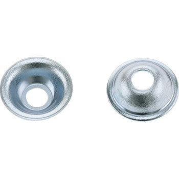 Two silver metallic convex washers with central holes, smooth rounded edges, shiny finish.