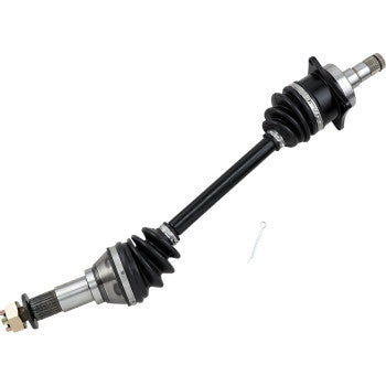 Black metal CV axle with rubber boots on both ends and silver metal joints, includes small pin accessory.