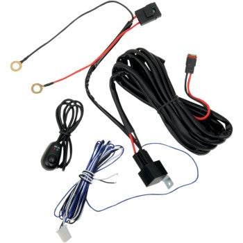 The Wiring Harness with Switch by Brite-Lites offers plug-n-play connectors, relays, extension wires, ring terminals, a relay block, indicator switch, and bundled black/red/blue cables—ideal for your LED light bar harness needs.