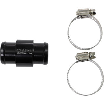 A Water Temperature Sensor Adapter 26 mm by Koso North America, black and cylindrical, is on the left, with two metal hose clamps featuring screw mechanisms for tightening positioned on the right.