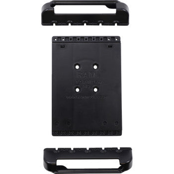 Black plastic Phone Holder Tab Tite™ Spring Loaded by Ram Mounts with detachable ends, shown on a white background. Features multiple holes and slots—compatible with RAM round ball bases; perfect as a tablet or phone holder.