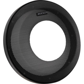 Speaker Grills Black by Kicker are round, weatherproof mesh grilles with a large center hole and metallic finish, designed to protect KMXL65 speakers while adding a custom look. The Kicker logo is featured at the top.