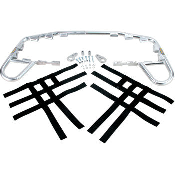 Yamaha Raptor Nerf Bars Silver by Motorsport Products, made from extruded aluminum tubing, include mounting hardware and two pairs of black webbing nets, shown on a white background.