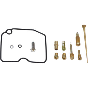 The Arctic Cat Carburetor Repair Kit by Shindy includes a black gasket, small washers, float valves, main jets, springs, and brass needles arranged neatly on a white background.