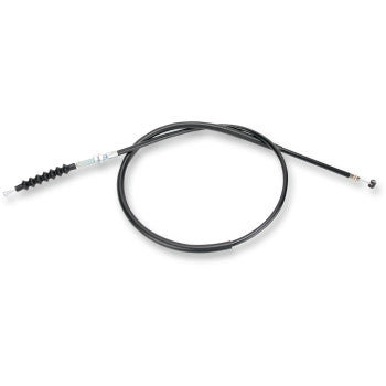 The Kawasaki Black Vinyl Clutch Cable by Parts Unlimited features metal connectors at both ends, a flexible rubber sleeve on one end, meets OEM specs, and is coiled in a loose loop against a white background.
