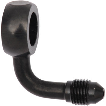 The Banjo Fitting 12 mm AN3 90° Black by Magnum Shielding is a black metal 90-degree hose fitting with a hex nut and threaded male connector, compatible with AN-3 fittings for versatile use.