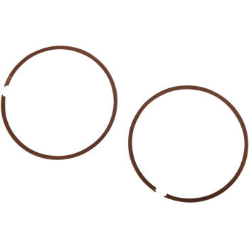 Two brown, circular Ring Set by Wiseco piston rings with small openings are placed side by side on a white background.