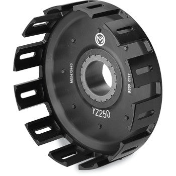 The Clutch Basket by Moose Offroad is a black billet aluminum YZ250 clutch basket featuring multiple rectangular cutouts, a central mounting hole, hard anodized finish, and white specs printed on the surface for enhanced performance.