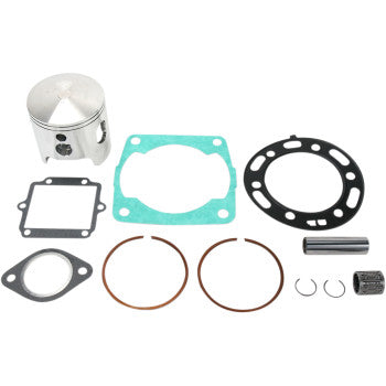 A Polaris Sportsman Piston Kit with Gaskets 83.25 mm 4x4 by Wiseco is displayed on a white background, including a piston, top-end gasket kit, piston rings, circlips, wrist pin, and needle bearing.