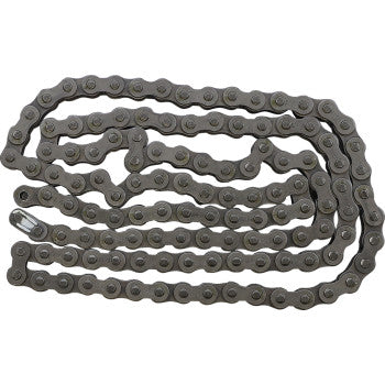 The 428 Standard Non Sealed Chain by Ek, featuring 124 interlocking links and a visible master link, is shown coiled on a white background.