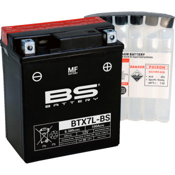 The Battery BTX7L BS (YTX) by Bs Battery, featuring black casing with white labeling, is displayed next to a clear plastic acid pack that includes warnings and instructions on its packaging.