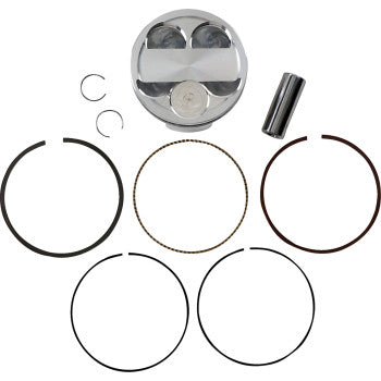The Piston Kit by JE Pistons includes a forged aluminum piston, piston rings, a wrist pin, and two circlips, all displayed neatly on a white background.