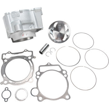 The Yamaha Cylinder Kit Big Bore 98.00 mm by Cylinder Works features a silver nickel silicon carbide coated cylinder, piston, piston rings, gaskets, wrist pin, and clips neatly arranged on a white background.